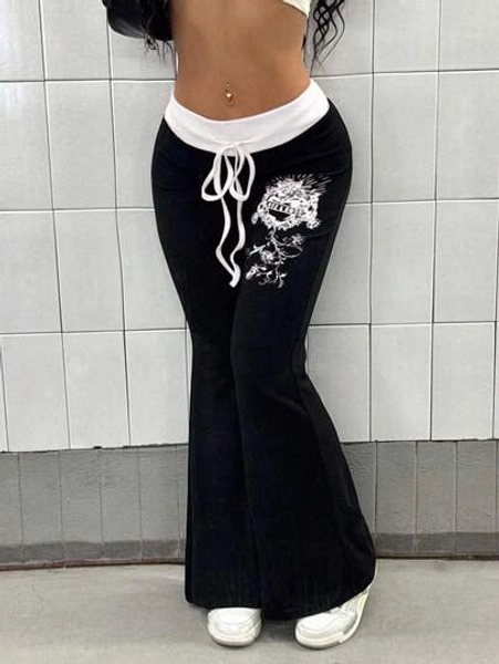 StreetHx Women's Contrast Color Patchwork Floral Print Punk Flare Pants Fall Cloth For Women - Size M