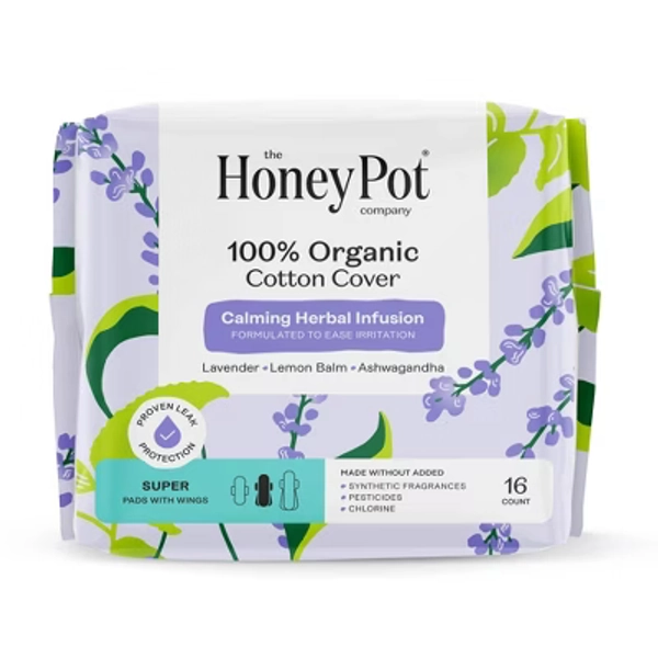The Honey Pot Company 100% Organic Cotton Cover Calming Herbal Infusion Super Pads - 16ct