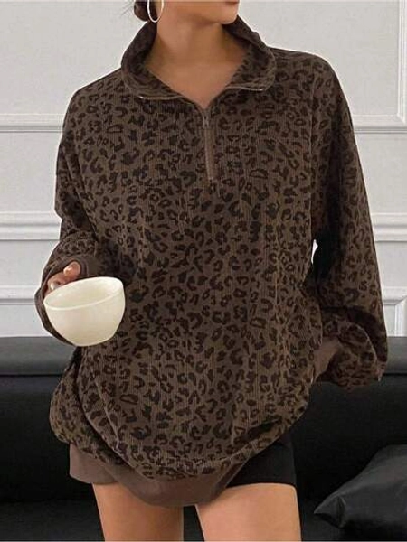 Limited Time Offer!! Women's Casual Zippered Long-Sleeved Leopard Print Sweatshirt For Fall/Winter, Fall Clothing, Local Warehouse!!