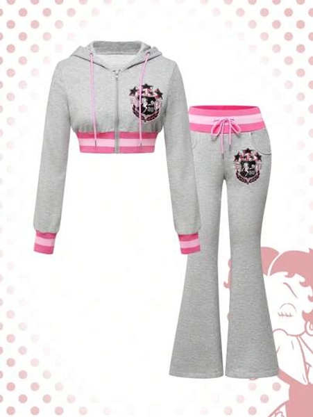 Betty Boop | ROMWE 2pcs Women's Sporty Sexy Embroidery & Rhinestone Sweatshirt And Flare Pants Set - Size L