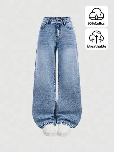 SHEIN Tween Girls' Y2K Retro Washed High Waist Cat Whisker Washed Baggy Staight Leg Jeans,Tween Girls Fall Winter Clothes Back To School Streetwear Outfits