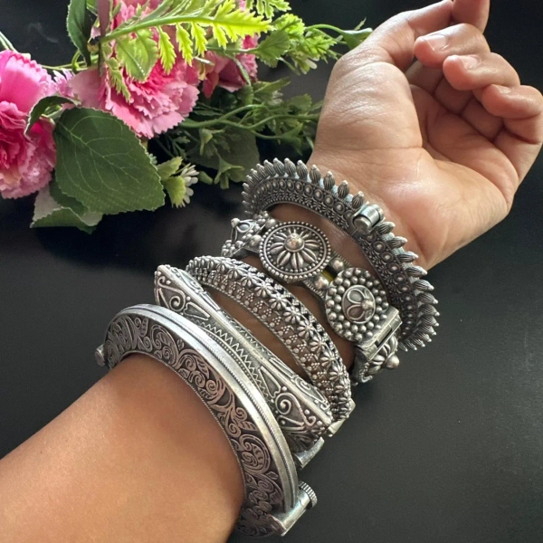 Oxidized Silver Bangle Set | Handcrafted Floral Indian Cuff Bracelets, Antique Kadas
