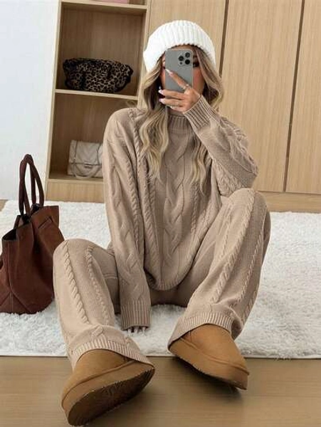 CovetEZ Women's Khaki Crew Neck Long Sleeve Casual Sweater Top And Pants 2-Piece Set, Winter Outfit,Fall,Fall Clothes For Women
