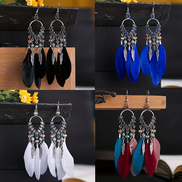 4 Pairs of Long Tassel Style Feather Style Women's Earrings, Bohemian Ethnic Style Women's Earrings, Fashion Jewelry Accessories