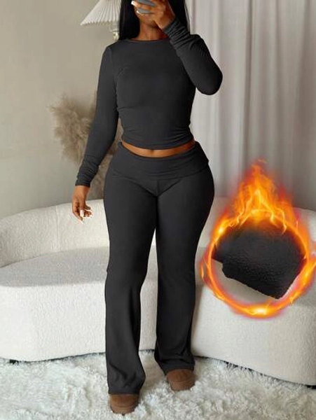 2pcs Solid Color Round Neck Long Sleeve Minimalist Top And Pants Thin Fleece Casual Suit, Autumn/Winter