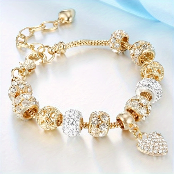 14K Golden Plated Copper Elegant Bracelet - Glass Beads and Heart Charm for Women Party and Vacation Accessory