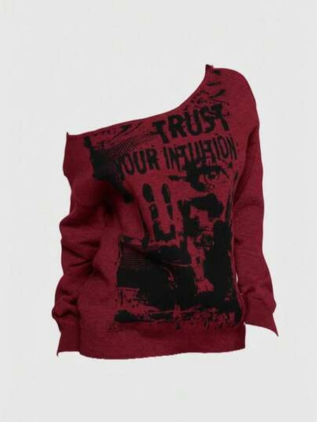 ROMWE Grunge Punk Spring Vintage Music Festival Party Skeleton Tie-Dye Print Loose Asymmetric-Shoulder Women Kpop Sweater - Size XS