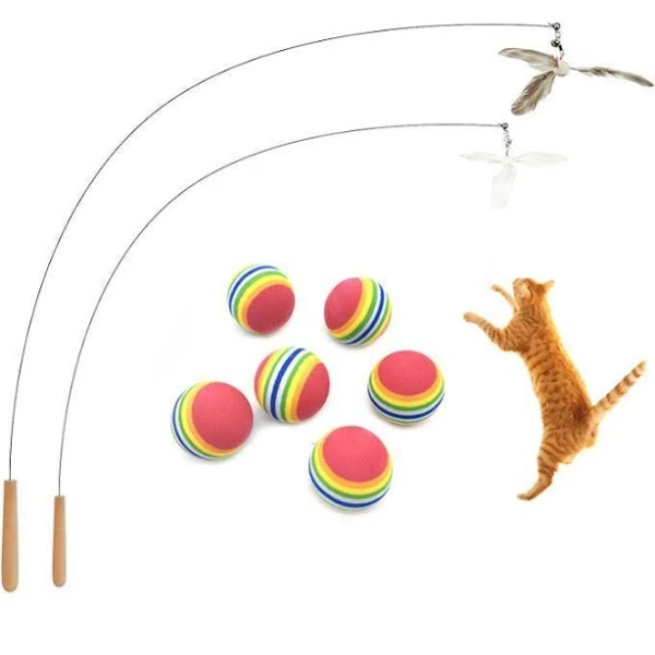 7 PCS Cat Toys-Interactive Cat Teaser With Extra Long 30.3" Wand And Small Bell+EAV Rainbow Ball 1.38 Inches,Fun Exerciser Playing Toy For Kittens Or