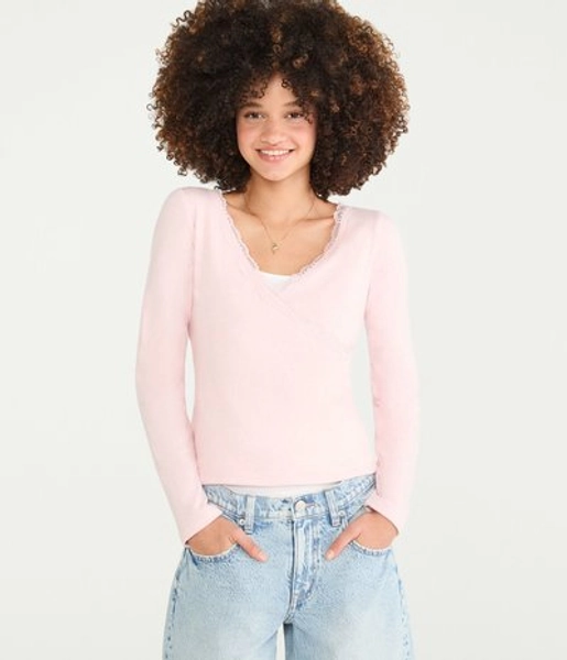 Long Sleeve Crossover Lace V-Neck Tee