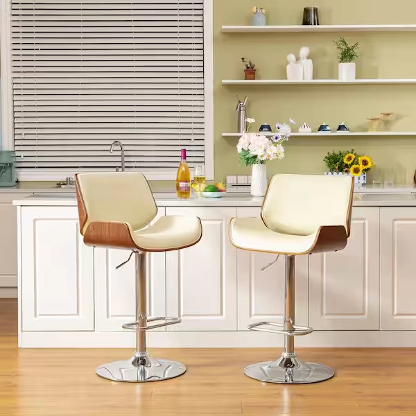 Glitzhome 45.7"H Mid-century Modern Beige Adjustable Height Swivel Bar Stool,Set of Two 2000900018