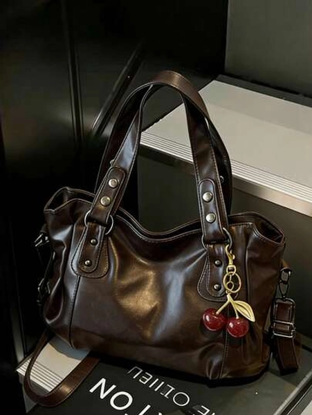 This Classic And Fashionable New Multi-Functional Solid Color Shoulder Bag Is Designed With A Large Capacity Vintage PU Material, Decorated With A Cherry Pendant, And Equipped With A Zipper, Making It An Ideal Choice For Women's Commuter Bags. It Is Very Suitable For Shopping, Travel And Commuting And Other Occasions. , Office Bag