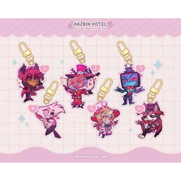 PREORDER Hazbin Hotel charms keychains & stickers | alastor, valentino, vox, angel dust, husk