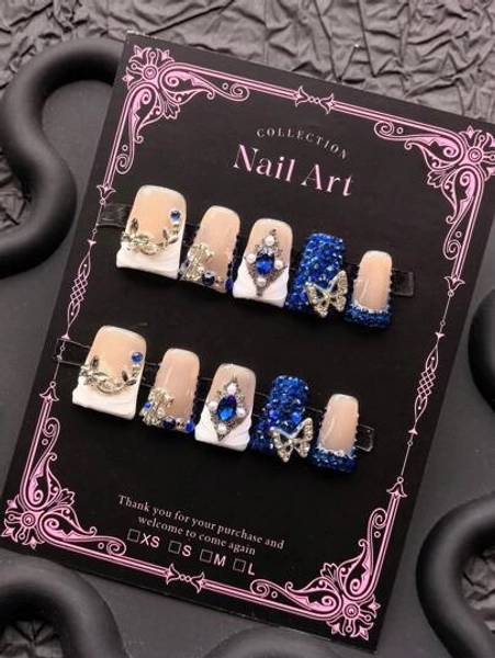 Y2K 10 Pieces Handmade Press On Nails Gorgeous Palace Style, Overall Elegant And Fashionable Duckbill Armor, Inlaid With Dazzling Ornaments And Sparkling Butterflies, Suitable For Business And Prom Parties