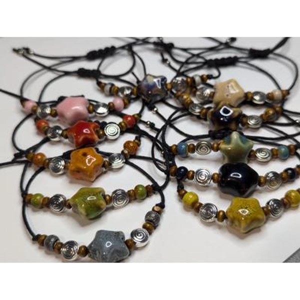 Ceramic Bracelet Beaded Star Spiral Swirl Y2K Boho Hippie Whimsical Adjustable Black Rope Cord Adjustable Stacking Bracelet