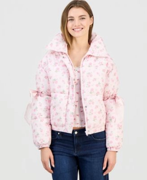 Juniors' Printed Bow-Trim Puffer Jacket