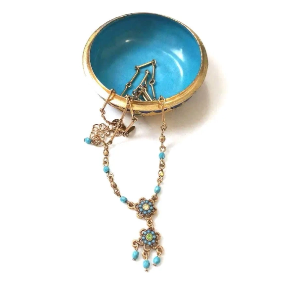 Vintage Handmade 1970s Lariat Filigree and Beaded Chain Necklace, Turquoise Glass Beads, Czech Crystals