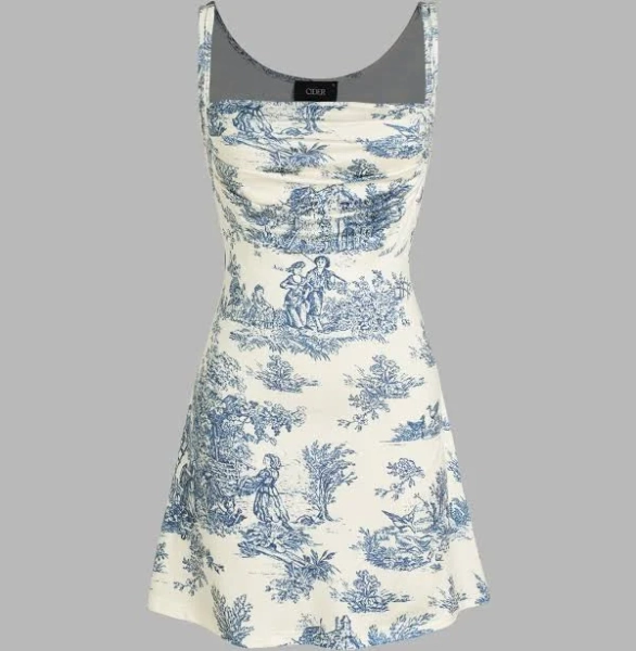 CIDER Women's Summer Graduation Homecoming Coquette Ruched Toile de Jouy Knit Mini Dress