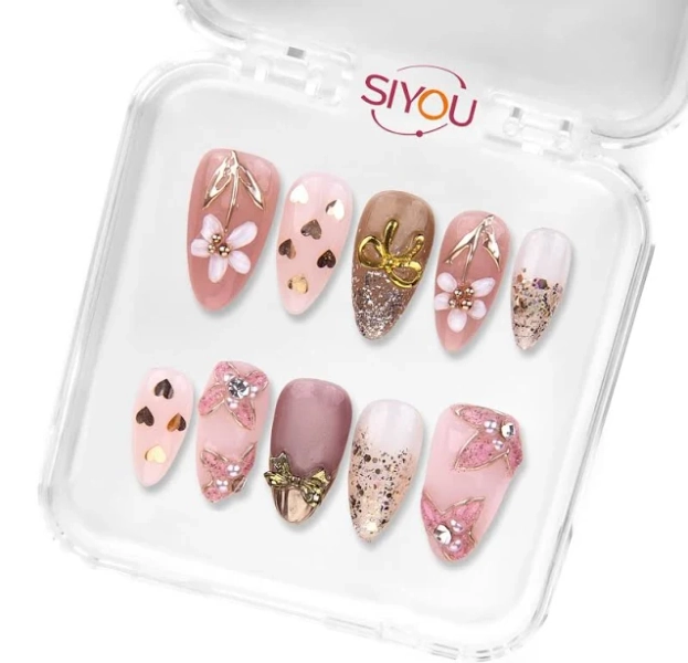SWEET LOVE Premium Handmade Press-On Nails Long-Lasting Short Almond Shape Glossy Pink And White Finish Soft Pink Adorable Bow Appliques Delicate