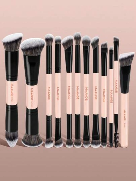 MAANGE 4/3/8/11/12Pcs Professional Facial Double-Ended Makeup Brush Set With Paper Box,Bevel&Taper Foundation Brush Contour Brush Blush Brush Powder Brush Eyeshadow Brush Concealer Brush Highlight Brush Smudge Brush,Makeup Tools With Soft Fiber For Easy To Carrying,Set For Travel,Gift For Women&Girls