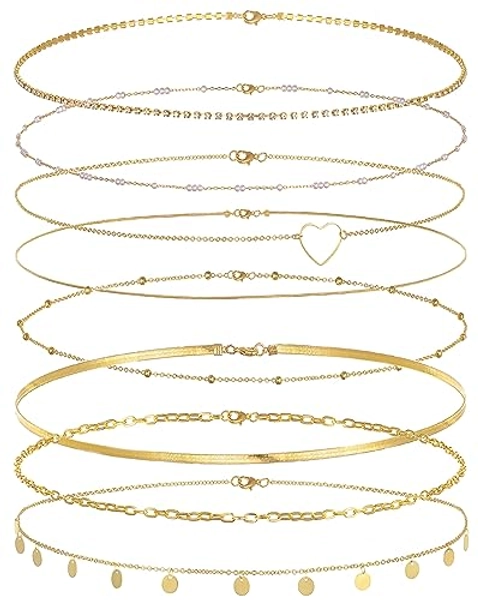 Tornito 8Pcs Waist Belly Chain 18K Gold Plated CZ Heart Pearl Snake Bead Sequin Paperclip Belly Chain Summer Beach Sexy Body Chains Jewelry Accessories for Women Adjustable