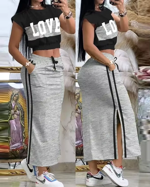 2025 Summer Two Piece Sets Women Outifit Fashion Print Colorblock O-Neck Short Sleeve Crop Top & Casual Striped Pocket Skirt Set - AliExpress 200000345