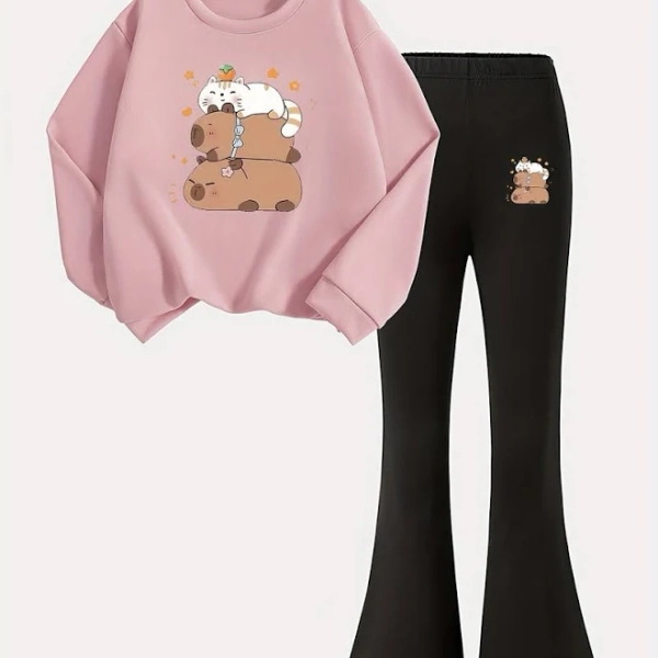 Girls' Capybara Kitten Hoodie & Flared Pants Set