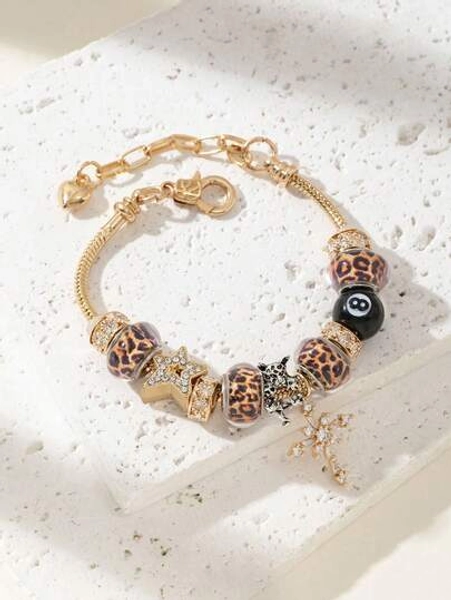 1pc Women 8 Ball Charm Bracelet, Star & Cross Charm Bracelet, Leopard Print & Minimalist Charm Bracelet, Adjustable Couple Bracelet