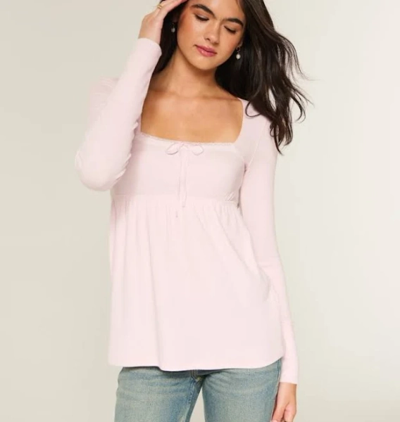 Hollister Women's Easy Lace Trim Long-Sleeve Babydoll Top