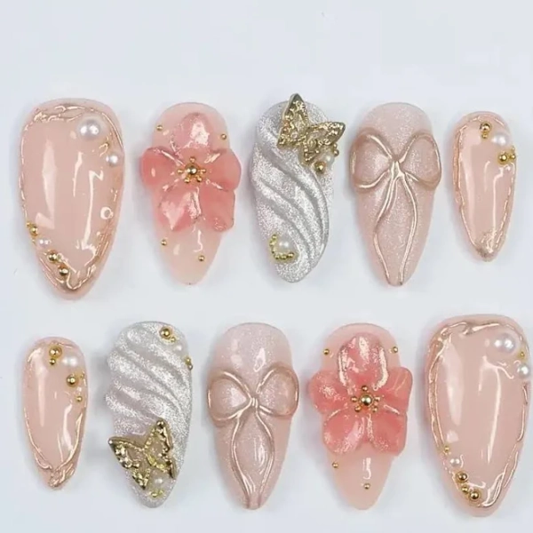Summer Press on Nails With 3D Pink Flowers and Tropical Ombre Design, Meidum Almond Fake Nails for Vacation or Beach Holiday, Gift for Her