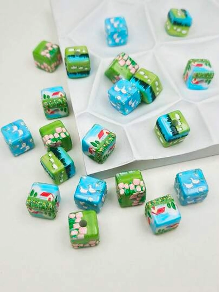 10 piezas de cuentas cúbicas pintadas en 3D de 14 mm con diseño de granja de la pradera y flores, cuentas decorativas para hacer joyas DIY, cadena de teléfono, llavero y colgante de bolso