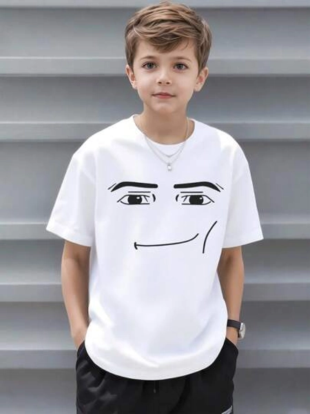 Smiling Face And Childlike Fun Printed T-Shirt, 100% Breathable 180g Short-Sleeved Top, Machine Washable Casual Style, Suitable For All Seasons, Humorous And Youthful Shirt, A Fashionable T-Shirt For Boys And Girls, Suitable For Both Adults And Children
