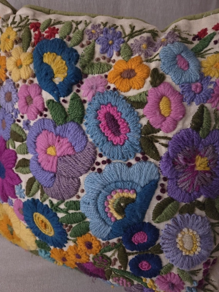 Lovely Vintage Flowers Floral Embroidered Square Throw Pillow for Couch Chair Bed Room Green Velvet Trim