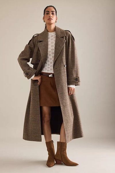 By Anthropologie Heritage Wool Blend Plaid Trench Coat