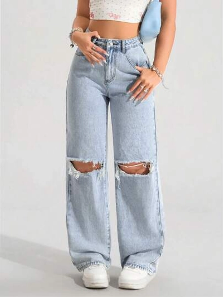SHEIN PETITE Women's Pocket Distressed Wide Leg Loose Casual Versatile Denim Jeans