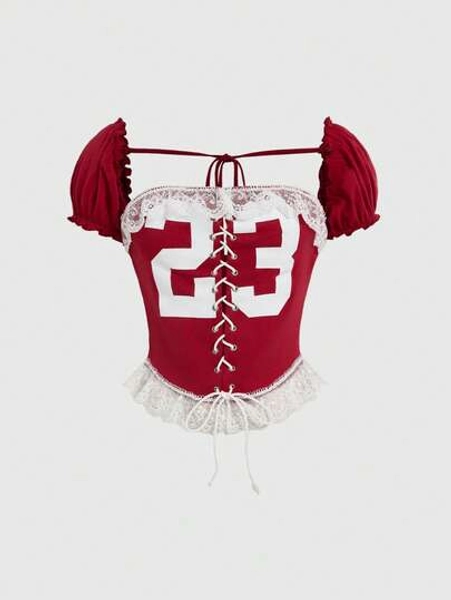 ROMWE Kawaii Sports Style Numeric Print Lace-Up Reversible Fitted Women Tank Top - Size L