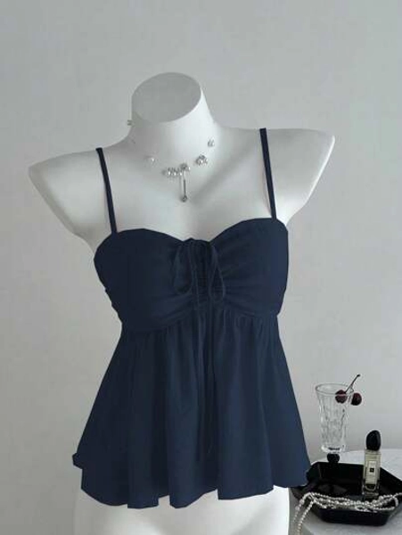 Sweetra Ladies' Cute Solid Color Ruffle Fabric Camisole, Summer Roupa Para A Universidade