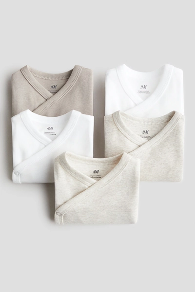 H & M - 5-pack Wrapover Bodysuits - Beige Melange/Taupe