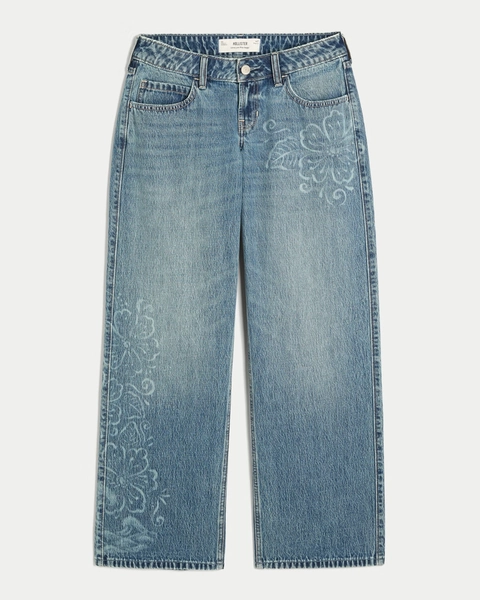 Ultra Low-Rise Medium Wash Bleach Floral Baggy Jeans