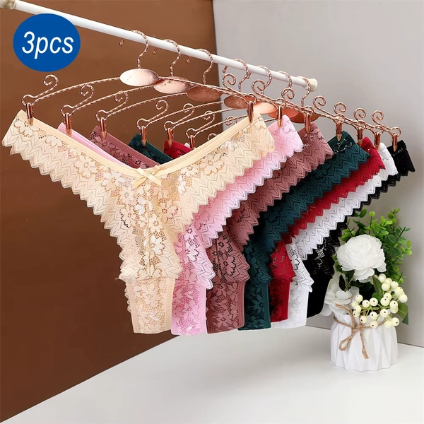 3PC Free Shipping Sexy T Back Woman Thong Panty Mid Waist Lace Panties Transparent Underwear 