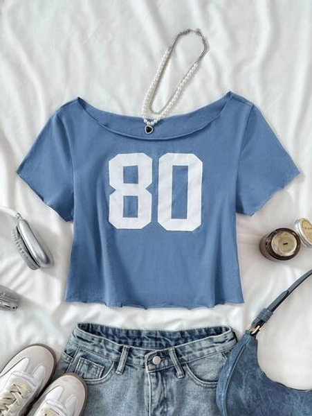 Teen Girl Casual Blue Knitted Slogan Off-Shoulder Printed Short Short-Sleeved Fitted Top, Spring And Summer, Cool, Basic, Daily, Versatile, Sports Fashion Summer Tops, Back To School Season, School Uniforms~