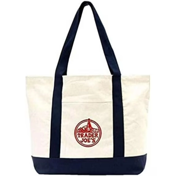 EXZMA Trader Joes Large Tote Shopping Bag Cotton Canvas Embroidered Bag (1), Navy Blue