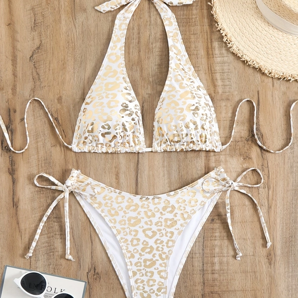Golden Foil Fabric Women's Bikini 2pcs Set, Halter Neck Tie-Up Swimsuit, Sexy Swim Bottoms, Suitable for Beach, Swimming, Photoshoots, Parties, Kimono-Style Swimwear