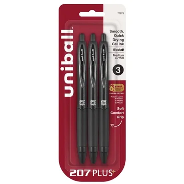 uniball 3pk 207 Plus+ Gel Pen 0.7mm Medium Point Black Ink: Signo 207 Gel Pens, Stationery, Office Supplies