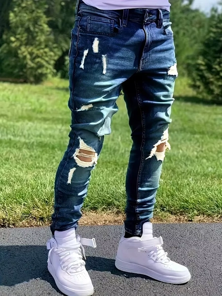Men'S Distressed Fashion Jeans - Street Style, Comfortable Stretch Denim with Ripped Detail, Versatile for All Seasons, Everyday - AliExpress 