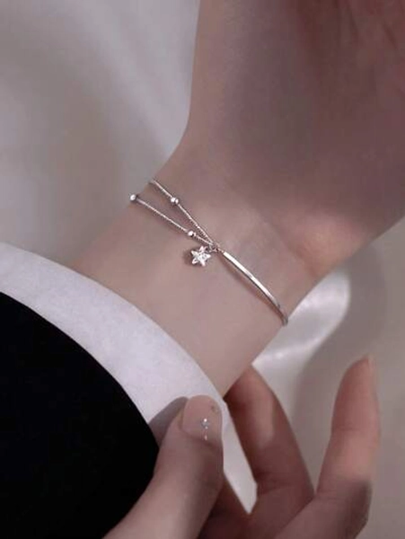 1pc Star & Half Bracelet Half Chain Design Double Layered Bracelet For Women, Simplicity & Uniqueness, Style
