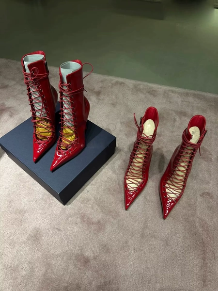 Red Patent Leather Pointed-Toe Lace-Up Ankle Boots Stiletto Heels Sexy High-Heeled Fashion Booties Cutout Details Mid-Calf Boots - AliExpress 322
