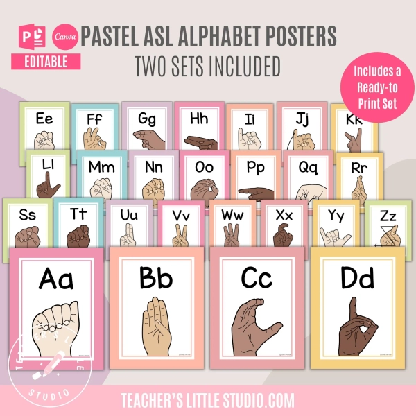 ASL Alphabet Posters | Printable Classroom Alphabet | Editable in Canva and PowerPoint | American Sign Language | Pastel Classroom Decor
