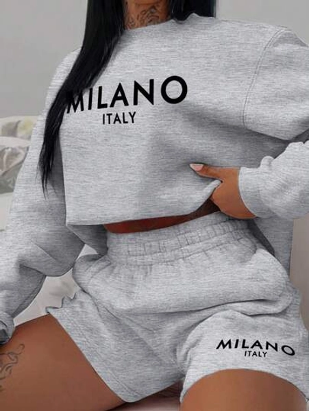 Slaydiva MILANO Casual Letter Print Crew Neck Long Sleeve & Shorts 2pcs Set For Women, Spring/Autumn And Winter