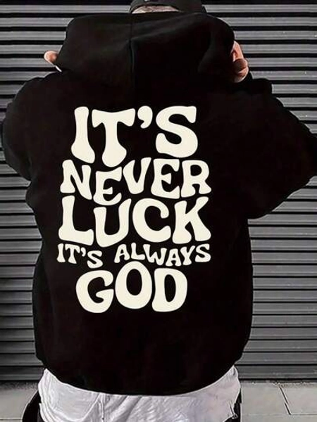 Inspirational Hooded Sweatshirt Polyester Knit Fabric With Geometric Lettering Pattern, Casual Style With Slight Stretch, Regular Fit Hoodie - It's Never Luck, It's God Print-2025