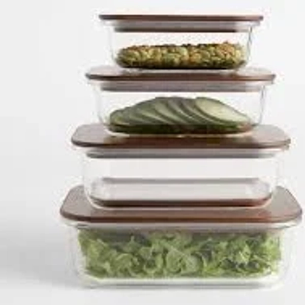 Crate & Barrel 8-Piece Rectangular Glass Food Storage Container with Dark Acacia Wood Lids